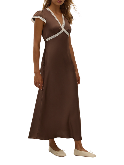 FAITHFULL Elvira Cap Sleeve Lace Trim V-Neck Midi Dress, Brown - view 2, Brown