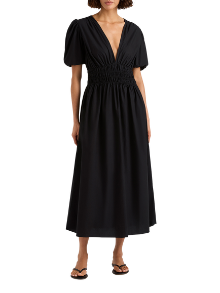 FAITHFULL Grace Short Puff Sleeve V-Neck Cotton Midi Dress, Black, Black