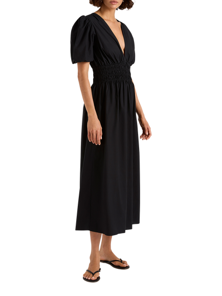 FAITHFULL Grace Short Puff Sleeve V-Neck Cotton Midi Dress, Black - view 2, Black