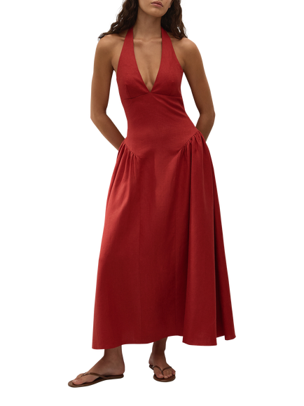 FAITHFULL La Cala Sleeveless Linen Midi Dress, Red, Red