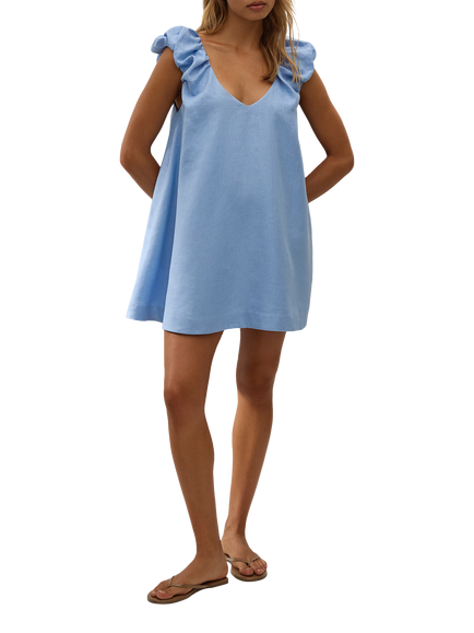 FAITHFULL Nina Sleeveless Gather Shoulder Linen Mini Dress, Light Blue, Light Blue