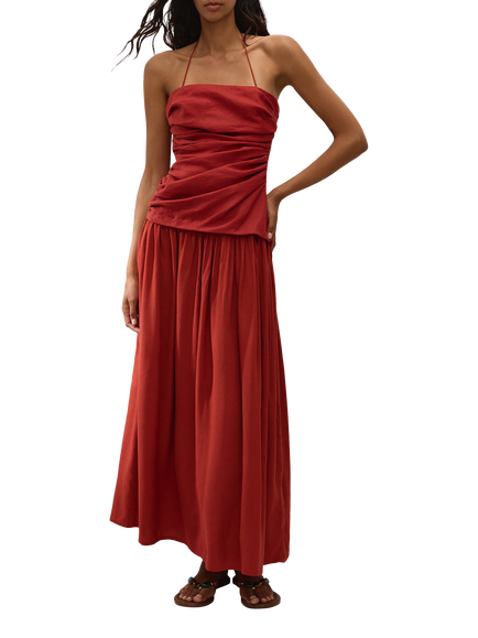 FAITHFULL Notte Sleeveless Ruched Bodice Linen Maxi Dress, Red, Red