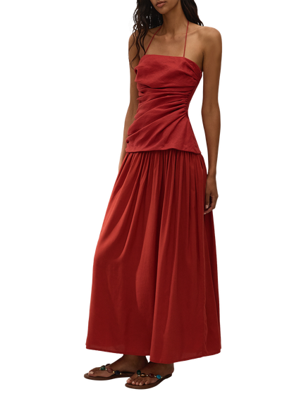 FAITHFULL Notte Sleeveless Ruched Bodice Linen Maxi Dress, Red - view 2, Red
