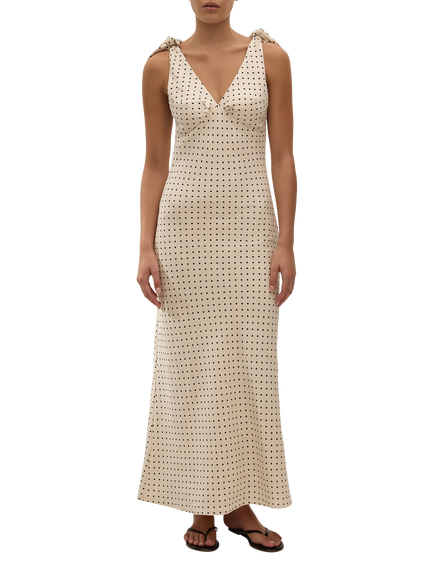 FAITHFULL Solana Polka Dot Linen Sleeveless V-Neck Maxi Dress, Cream/Black, Cream/Black