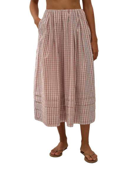 FAITHFUL Cales Check Cotton Flared Midi Skirt, Red/White, Red/White