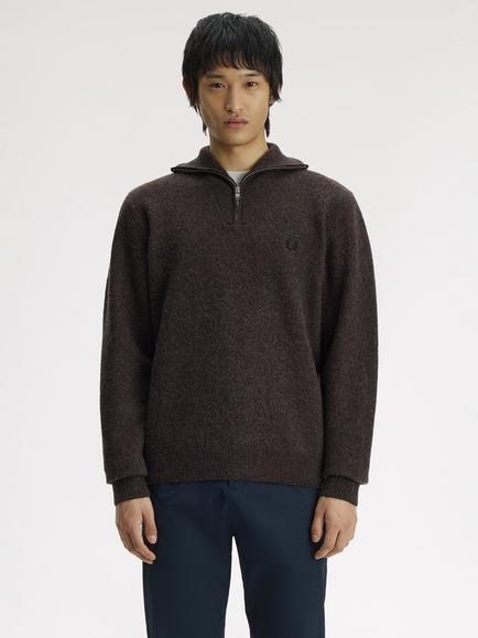 Fred Perry Half Zip Funnel Neck Merino Wool Jumper, Rich Brown Marl, Rich Brown Marl