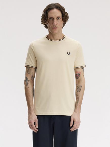 Fred Perry Twin Tipped Cotton Crew Neck T-Shirt, Oatml/Brnze/Navy, Oatml/Brnze/Navy