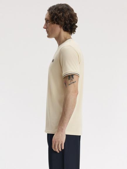 Fred Perry Twin Tipped Cotton Crew Neck T-Shirt, Oatml/Brnze/Navy - view 2, Oatml/Brnze/Navy