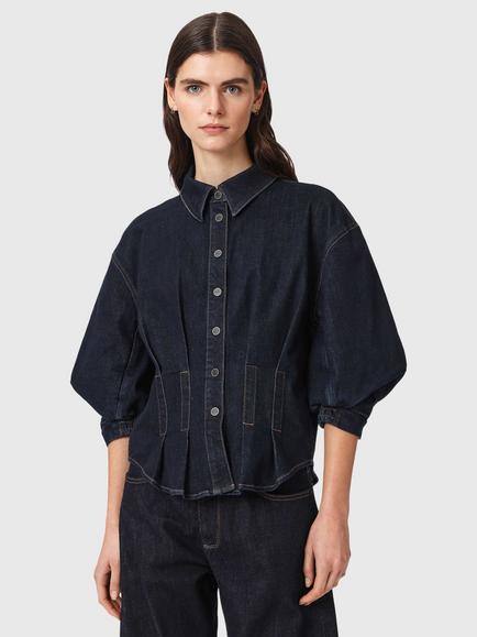 AllSaints Nancy Gathered Denim Shirt, Mid Blue, Mid Blue