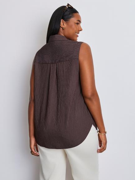 Live Unlimited Striped Sleeveless Button Up Shirt, Brown - view 2, Brown