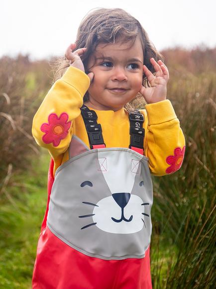 Frugi Kids' Waterproof Character Salopettes, Rhubarb/Cat - view 2, Rhubarb/Cat