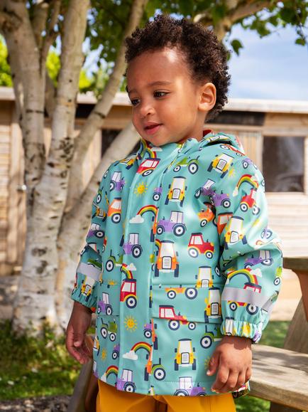 Frugi Kids' Printed Puddle Buster Waterproof Raincoat, Terrific Tractors - view 2, Terrific Tractors