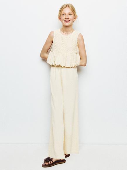 Mango Kids' Sleeveless Crochet Blouse, Beige, Beige