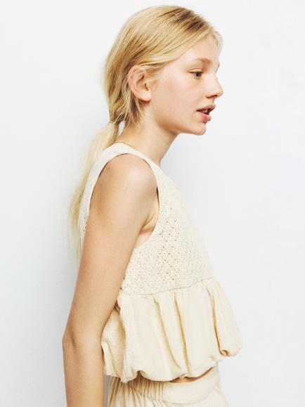 Mango Kids' Sleeveless Crochet Blouse, Beige - view 2, Beige