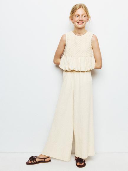 Mango Kids' Cotton Blend Wide Leg Trousers, Beige, Beige