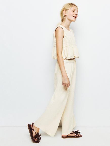 Mango Kids' Cotton Blend Wide Leg Trousers, Beige - view 2, Beige
