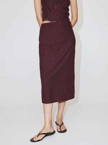 Mango Floral Embroidered Midi Skirt, Garnet, Garnet