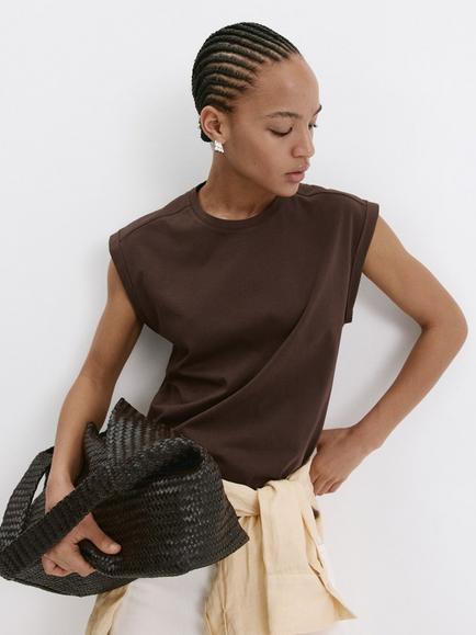 Mango Loose Fit Cap Sleeve T-Shirt, Brown, Brown