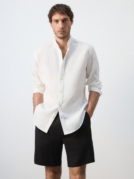 Mango Mandarin Collar Linen Shirt, White