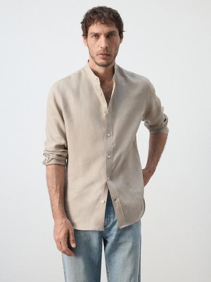 Mango Mandarin Collar Linen Shirt, Sand