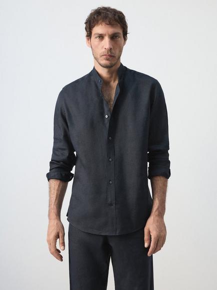 Mango Linen Regular Fit Long Sleeve Shirt, Navy, Navy