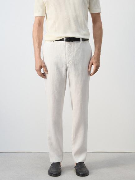 Mango Linen Slim Fit Chinos, Off White