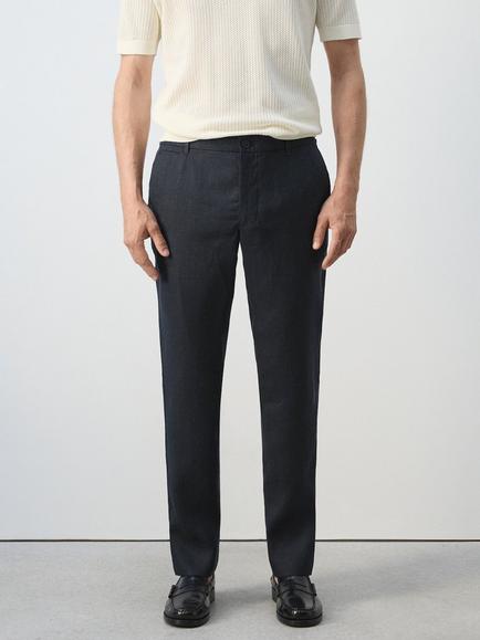 Mango Linen Slim Fit Chinos, Navy