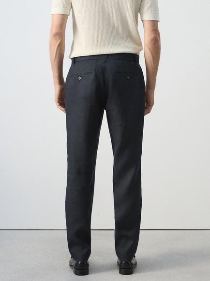 Mango Linen Slim Fit Chinos - view 2, Navy