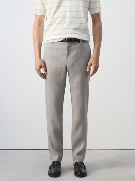 Mango Linen Slim Fit Chinos, Light Grey Melange