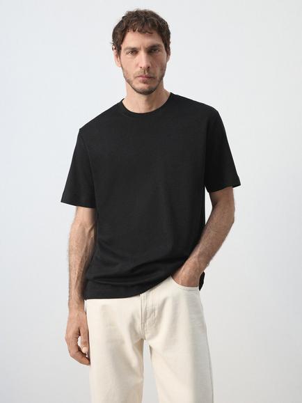 Mango Crew Neck Cotton T-Shirt, Black