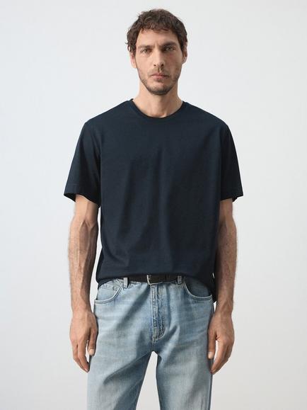 Mango Crew Neck Cotton T-Shirt, Navy