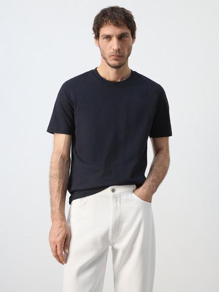 Mango Slim Fit Crew Neck Cotton T-Shirt, Navy