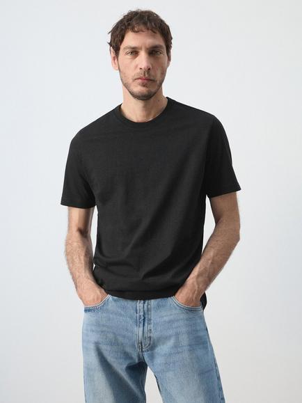 Mango Slim Fit Crew Neck Cotton T-Shirt, Black