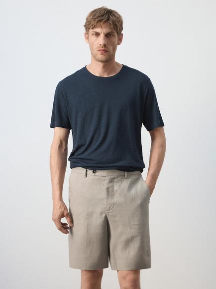 Mango Slim Fit Linen Rich T-Shirt, Navy