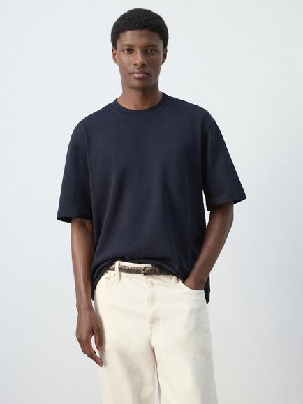 Mango Relaxed Fit Crew Neck Cotton T-Shirt, Navy