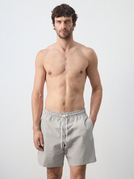 Mango Cotton Rich Striped Swim Shorts, Khaki