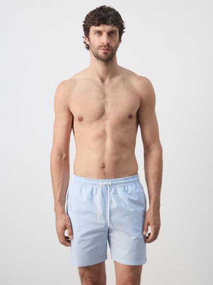 Mango Cotton Rich Striped Swim Shorts, Sky Blue