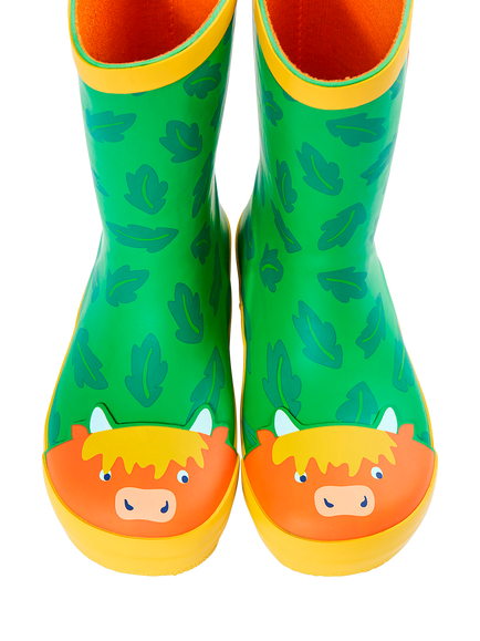 Frugi Kids' Puddle Buster Wellington Boots, Palm/Highland Cow - view 2, Palm/Highland Cow