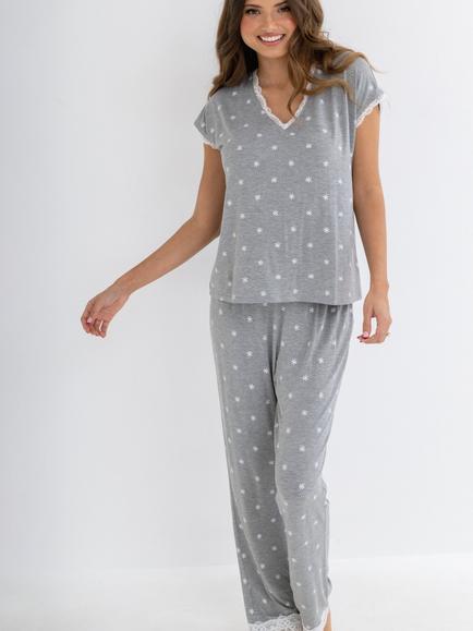 Pour Moi Sofa Loves Lace T-Shirt & Trousers Pyjama Set, Grey/White, Grey/White