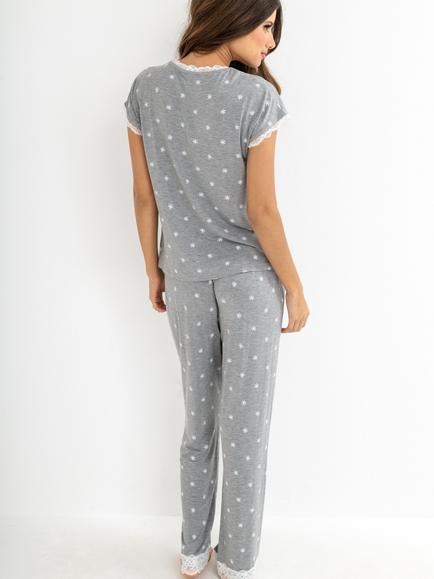 Pour Moi Sofa Loves Lace T-Shirt & Trousers Pyjama Set, Grey/White - view 2, Grey/White