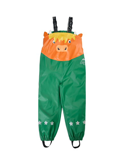 Frugi Kids' Waterproof Character Salopettes, Holly Green, Holly Green