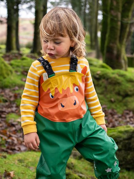Frugi Kids' Waterproof Character Salopettes, Holly Green - view 2, Holly Green