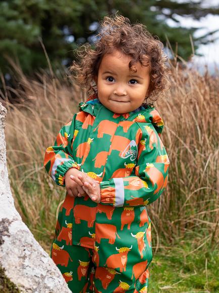 Frugi Kids' Printed Puddle Buster Waterproof Raincoat, Highland Grazing - view 2, Highland Grazing