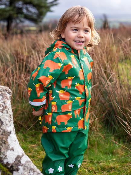 Frugi Kids' Printed Puddle Buster Waterproof Raincoat, Highland Grazing - view 2, Highland Grazing