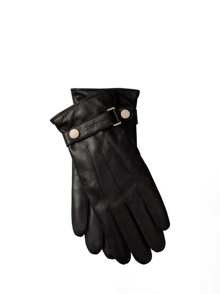 Calvin Klein Smooth Leather Strap Gloves, Black, Black