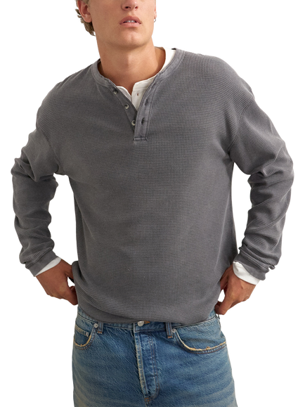 Topman Waffle Henley Relaxed Fit Sweatshirt, Washed Black, Washed Black
