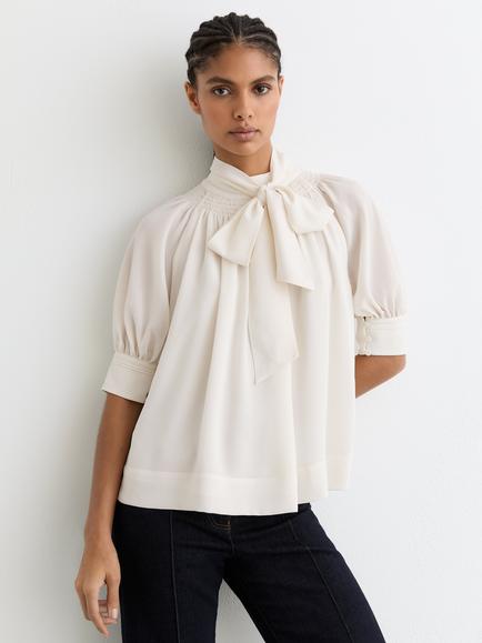 Reiss Lerina Tie Neck Short Sleeve Top, Ivory, Ivory