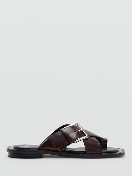 Mango Leather Crossover Buckle Slider Sandals, Bordeaux, Bordeaux
