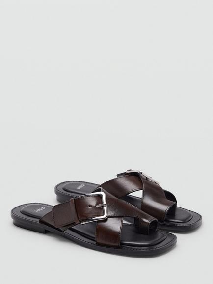 Mango Leather Crossover Buckle Slider Sandals, Bordeaux - view 2, Bordeaux