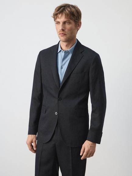 Mango Linen Slim Fit Tailored Blazer, Navy, Navy